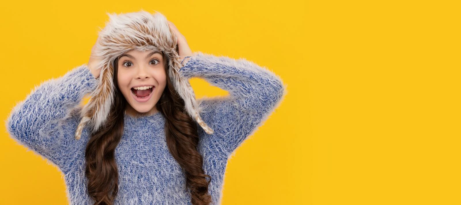 clothing popular shop -clothing popular shop female fashion model teen girl knitwear yellow background banner child winter hat studio poster header copy space 259208511